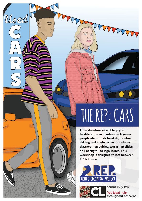 Young man and woman walking through used car yard